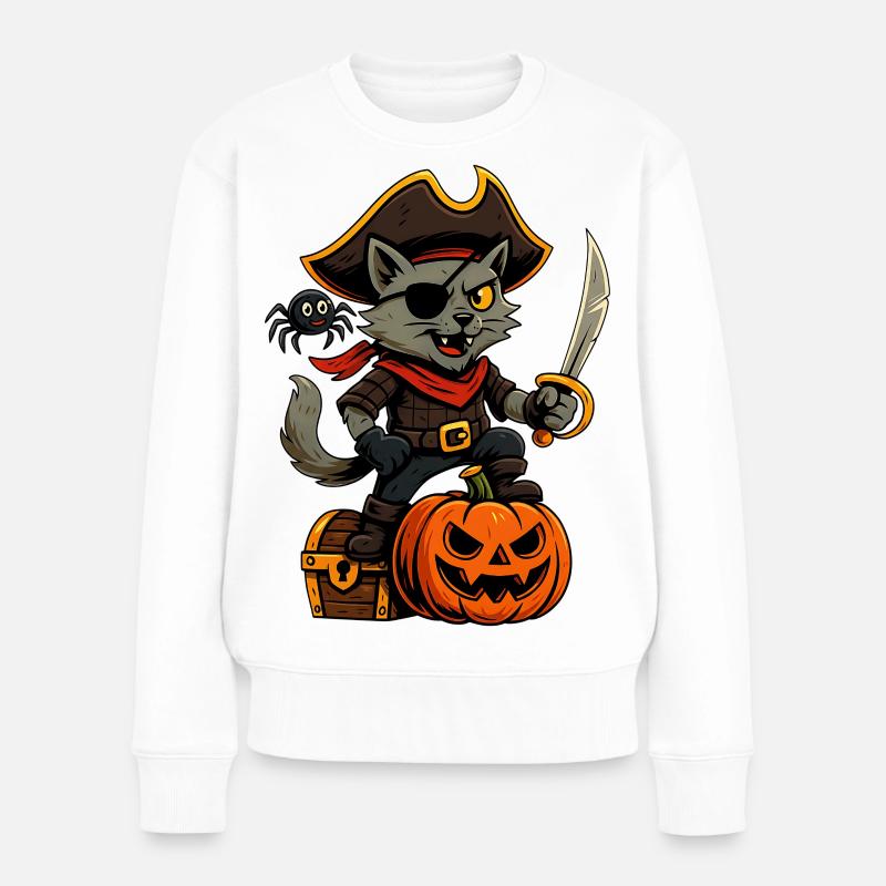 Chat pirate avec citrouille, coffre au trésor et araignée - Pull Premium bio Femme - blanc