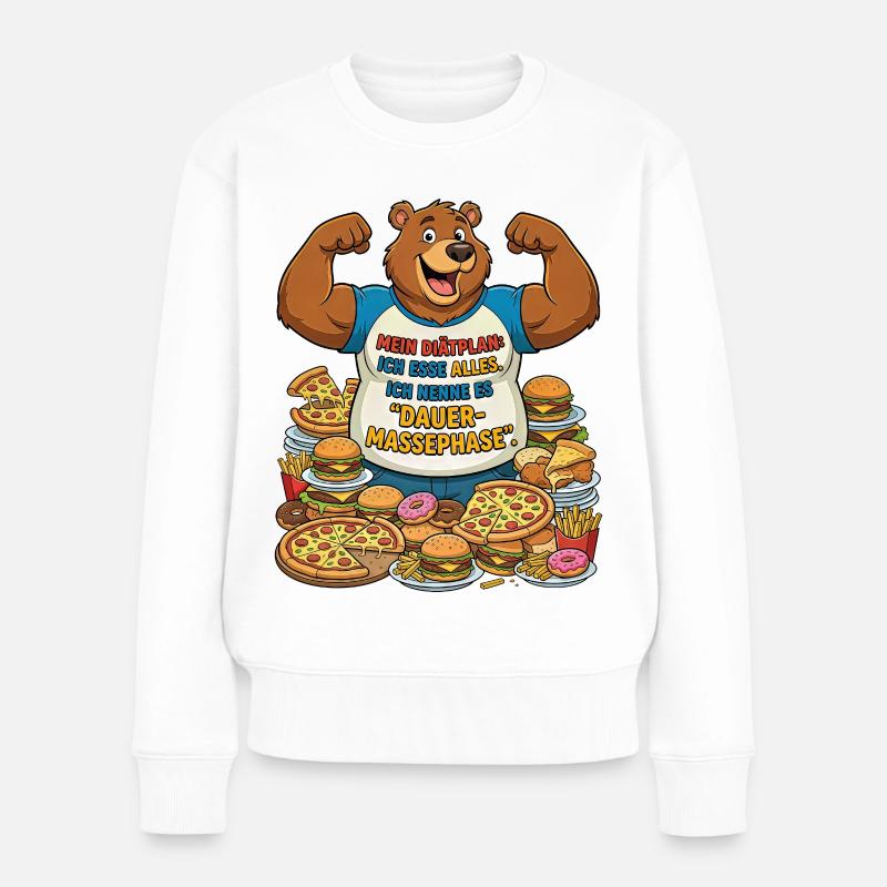 Dauer-Massephase: Bär mit Pizza - Frauen Premium Bio Pullover - Weiß