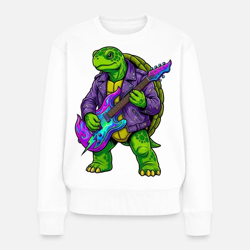 Schildkröte mit Jacke und Neon E-Gitarre - Frauen Premium Bio Pullover - Weiß