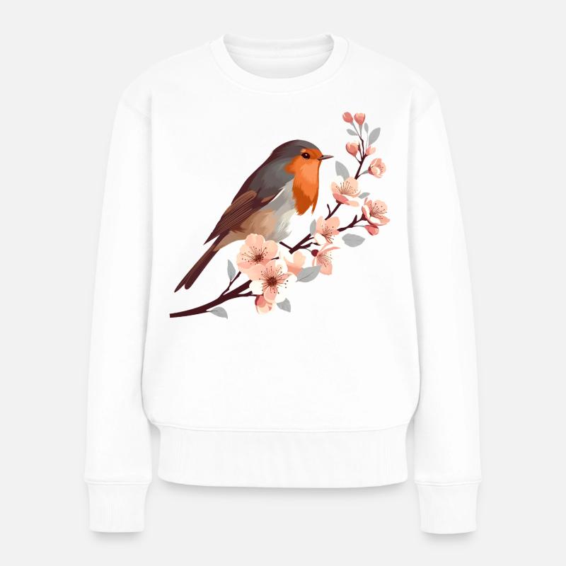Rouges-gorges en fleurs de cerisier - Pull Premium bio Femme - blanc