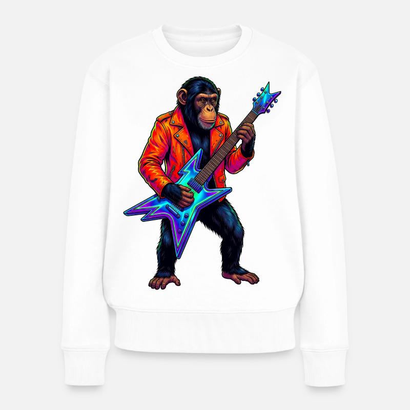 Schimpanse in Lederjacke und Neon E-Gitarre - Frauen Premium Bio Pullover - Weiß
