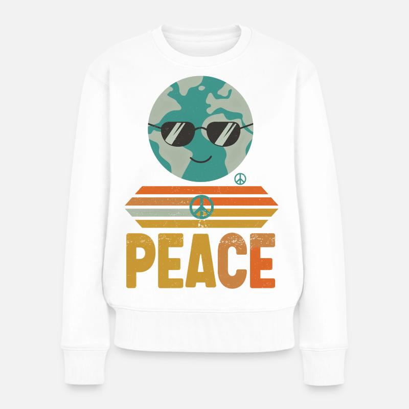 Erde mit Peace-Sonnenbrille Retro - Frauen Premium Bio Pullover - Weiß