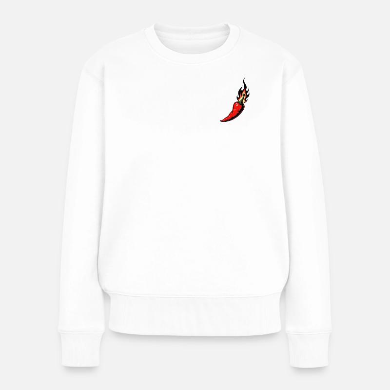 Rote scharfe Chili mit Flammen - Frauen Premium Bio Pullover - Weiß