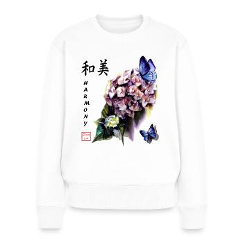 Hortensien mit Schmetterlingen, Aquarell. - Frauen Premium Bio Pullover - Weiß - Vorne - Julia (174cm)
