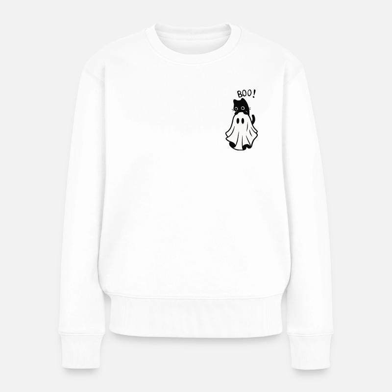 Boo - Katze erschreckt Gespenst - Frauen Premium Bio Pullover - Weiß