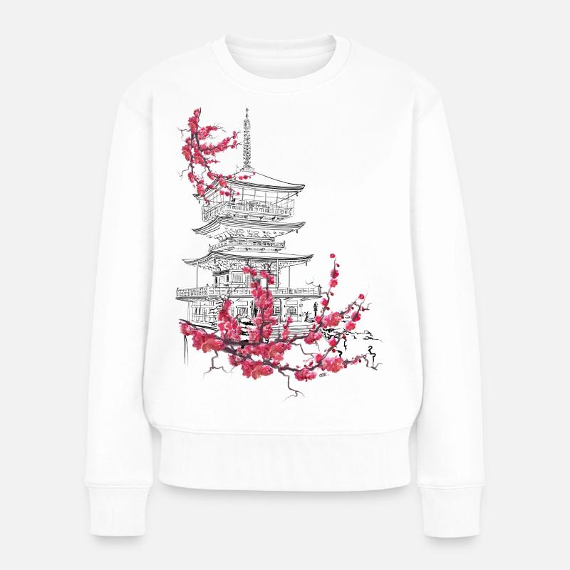 Pagode und Sakura - Frauen Premium Bio Pullover - Weiß