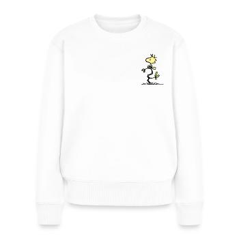 Peanuts Woodstock Brustmotiv - Frauen Premium Bio Pullover - Weiß - Vorne - Julia (174cm)