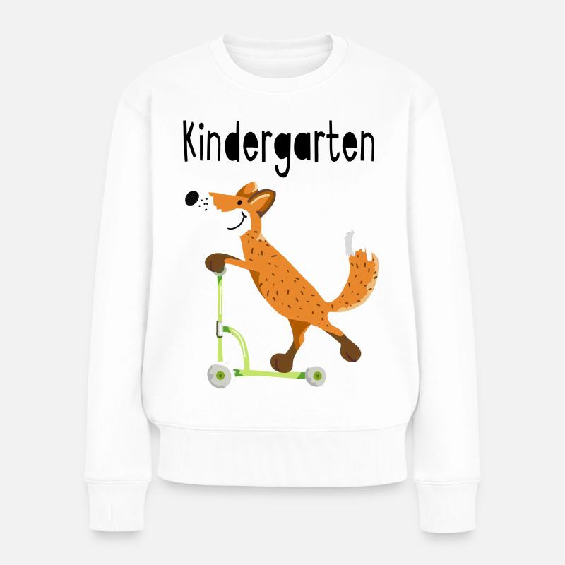 Auf den Kindergarten - lustiger Fuchs mit Roller - Frauen Premium Bio Pullover - Weiß