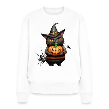 Halloween-Katze und Kürbis - Frauen Premium Bio Pullover - Weiß - Vorne - Julia (174cm)