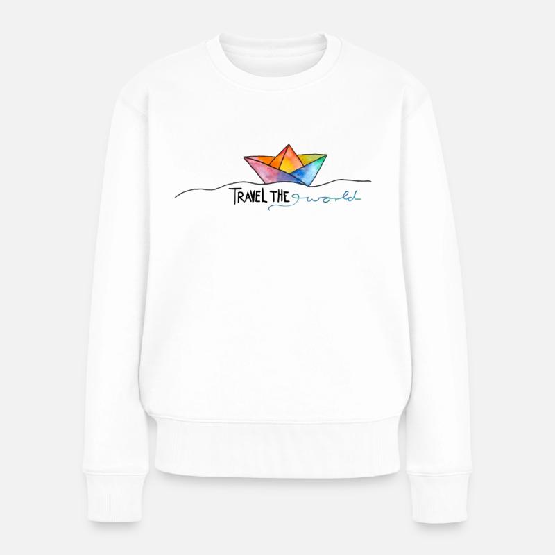 Travel the World Boot Spruch mit Papierschiff Meer - Frauen Premium Bio Pullover - Weiß