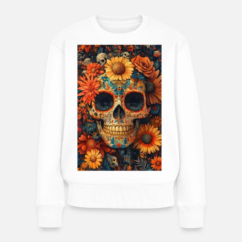 Crâne de Fleurs Día de los Muertos - Pull Premium bio Femme - blanc