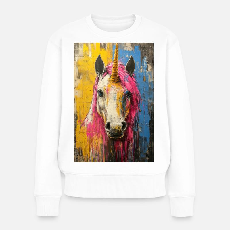 Farbiges Einhornporträt - Frauen Premium Bio Pullover - Weiß