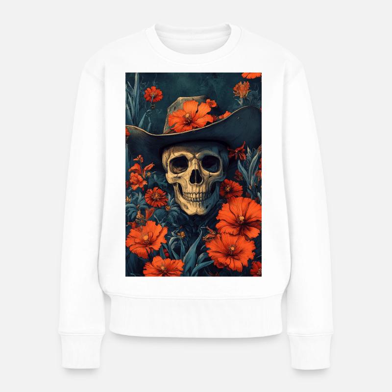 Sombrero squelette dans une mer de fleurs - Pull Premium bio Femme - blanc