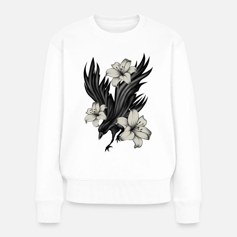 Schwarzer Rabe mit weißen Lilien - Frauen Premium Bio Pullover - Weiß