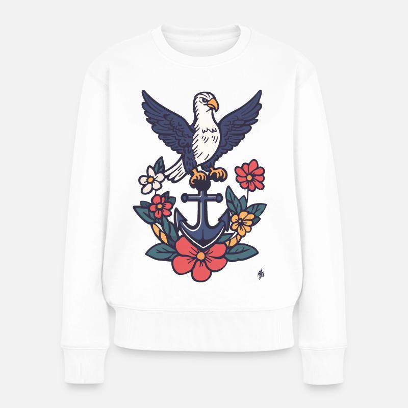 Anker mit Albatros und Blütenkranz - Frauen Premium Bio Pullover - Weiß