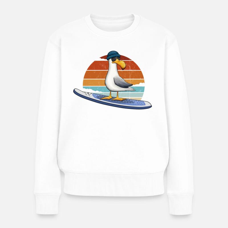 Retro Strand Surfer Vogel Stand Up Paddle SUP Möwe - Frauen Premium Bio Pullover - Weiß
