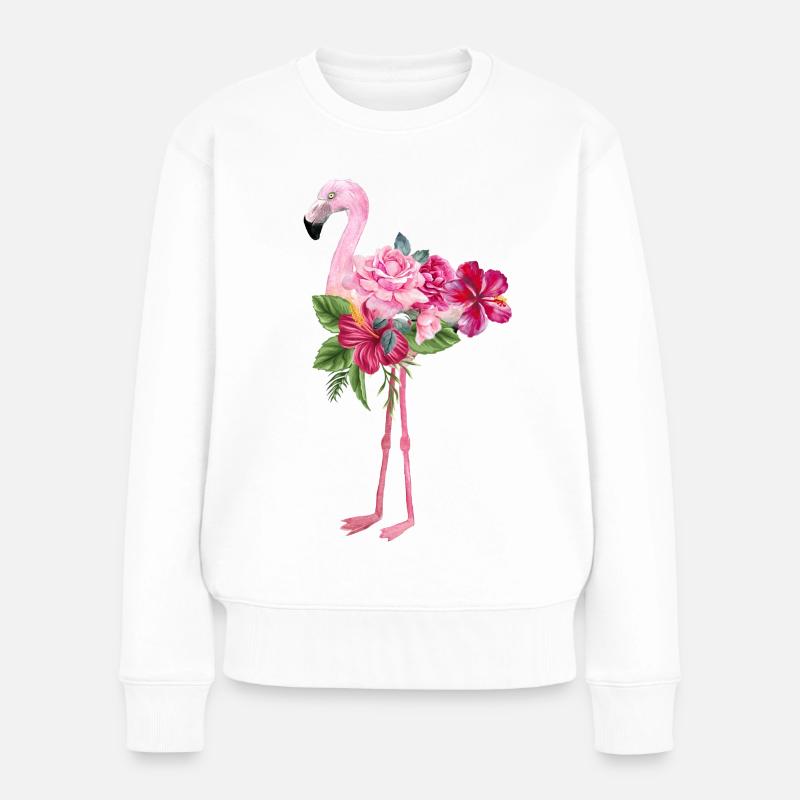 Flamingo mit Blumen - Frauen Premium Bio Pullover - Weiß