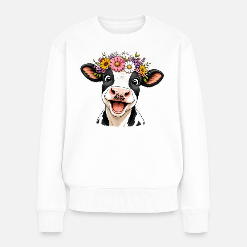 Vache avec une couronne de fleurs - Pull Premium bio Femme - blanc