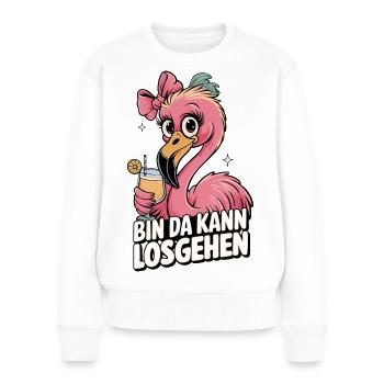 Flamingo Spruchmotiv Bin da kann losgehen - Frauen Premium Bio Pullover - Weiß - Vorne - Julia (174cm)
