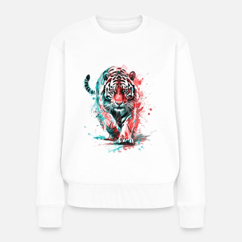Tiger Tigerkopf Raubtier Natur Wildnis Splash Bunt - Frauen Premium Bio Pullover - Weiß