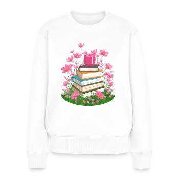 Une pile de livres dans une prairie fleurie - Pull Premium bio Femme - blanc - Devant - Julia (174cm)