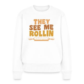 Rouleau à pâtisserie drôle ils me voient rouler - Pull Premium bio Femme - blanc - Devant - Julia (174cm)