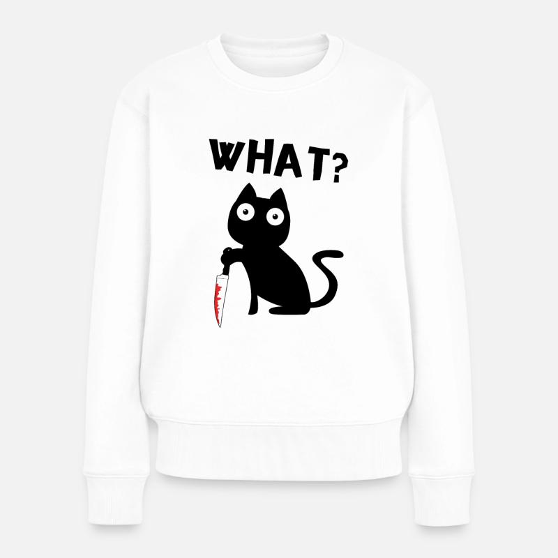 Black Murderous Cat What ? Chat meme avec un couteau - Pull Premium bio Femme - blanc