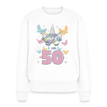 Licorne Je Suis 50 Ans Papillons Anniversaire - Pull Premium bio Femme - blanc - Devant - Julia (174cm)