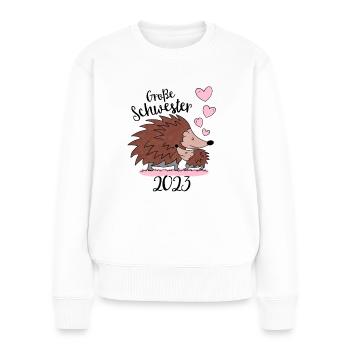 Große Schwester 2023 - Süße Igel Geschenk Idee - Frauen Premium Bio Pullover - Weiß - Vorne - Julia (174cm)