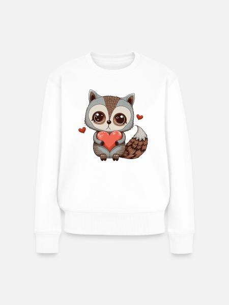 Süßer Waschbär umarmt ein Herz Zeichnung Liebe - Frauen Premium Bio Pullover - Weiß