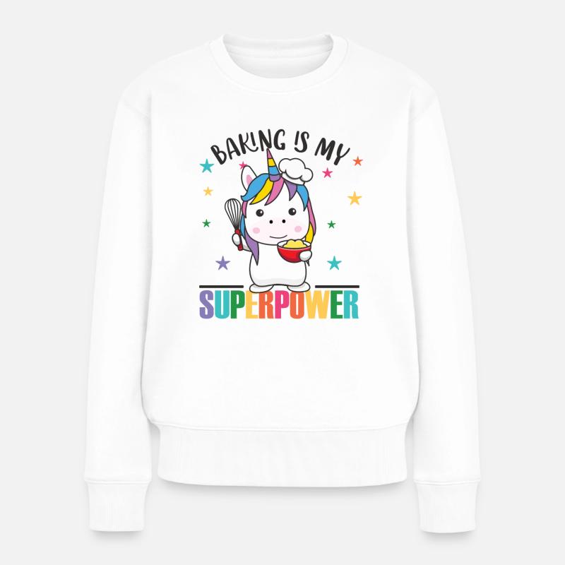 Backen ist meine Superpower süßes Einhorn backt - Frauen Premium Bio Pullover - Weiß