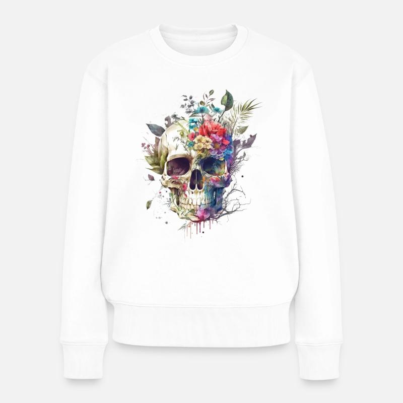 Totenkopf mit Blumen - Frauen Premium Bio Pullover - Weiß
