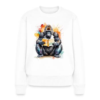 Gorille Lecture Livre Singe Coloré Animal Design Imprimer - Pull Premium bio Femme - blanc - Devant - Julia (174cm)