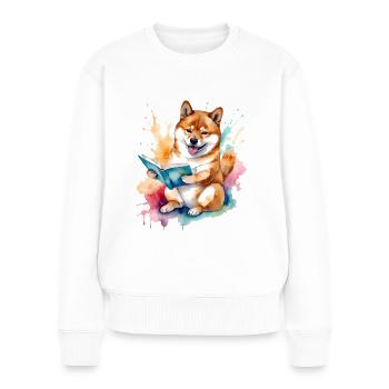 Shiba Inu Lecture Livre Chien Drôle Animal Design Imprimer - Pull Premium bio Femme - blanc - Devant - Julia (174cm)