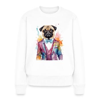 Mops Anzug Hund Bunt Lustig Tier Design Print - Frauen Premium Bio Pullover - Weiß - Vorne - Julia (174cm)