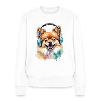 Pomeranian Zwergspitz Kopfhörer Hund Print - Frauen Premium Bio Pullover - Weiß - Vorne - Julia (174cm)