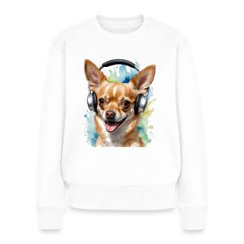 Chihuahua Kopfhörer Hund Lustig Tier Design Print - Frauen Premium Bio Pullover - Weiß - Vorne - Julia (174cm)