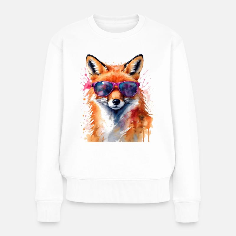 Fuchs Sonnenbrille Bunt Tier Design Print - Frauen Premium Bio Pullover - Weiß