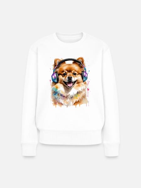 Pomeranian Zwergspitz Kopfhörer Hund Print - Frauen Premium Bio Pullover - Weiß