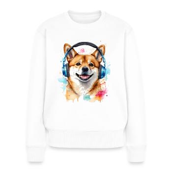 Shiba Inu Kopfhörer Hund Lustig Tier Design Print - Frauen Premium Bio Pullover - Weiß - Vorne - Julia (174cm)