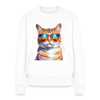 Katze Sonnenbrille Bunt Lustig Tier Design Print - Frauen Premium Bio Pullover - Weiß - Vorne - Julia (174cm)