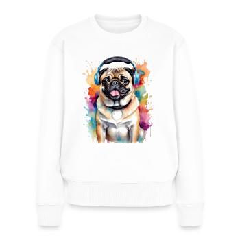 Mops Kopfhörer Hund Bunt Lustig Tier Design Print - Frauen Premium Bio Pullover - Weiß - Vorne - Julia (174cm)