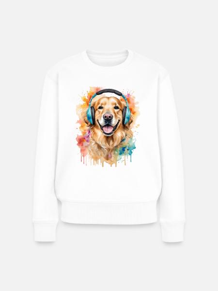 Golden Retriever Kopfhörer Hund Tier Design Print - Frauen Premium Bio Pullover - Weiß