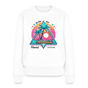 Retro Honolulu Greeting - Palm Trees at Sunset - Women's Premium Organic Jumper - white - Front - Julia (174cm)