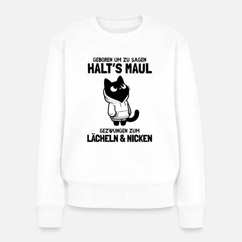 Halts Maul - Schwarze Katze mit weissem Hoodie - Frauen Premium Bio Pullover - Weiß
