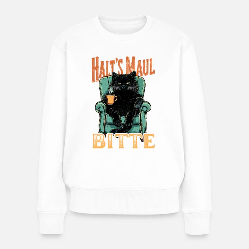 Halt’s Maul Bitte – Coole Vintage Katze mit Spruch - Frauen Premium Bio Pullover - Weiß