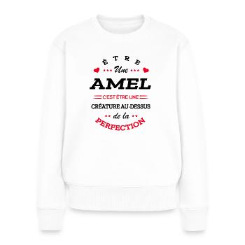 AMEL PARFAITE - NOM AMEL - Pull Premium bio Femme - blanc - Devant - Julia (174cm)