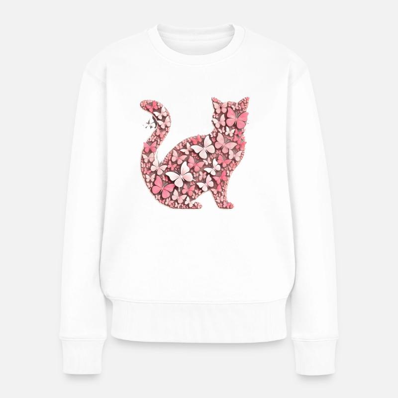 Rosa Katze aus Schmetterlingen - Frauen Premium Bio Pullover - Weiß