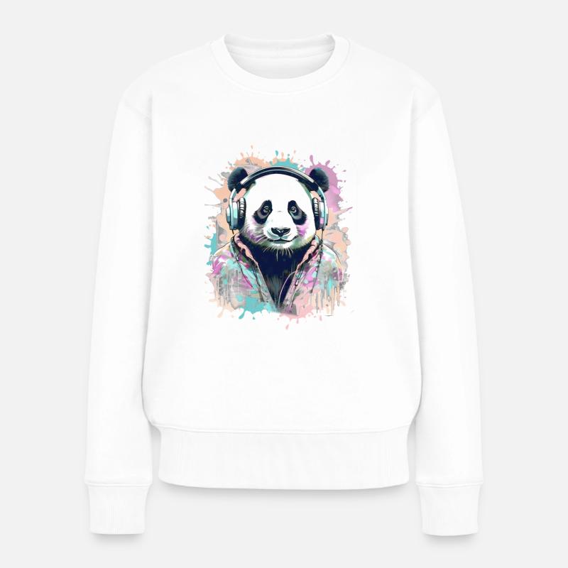 Panda, Kopfhörer,panda mit kopfhörer, illustration - Frauen Premium Bio Pullover - Weiß