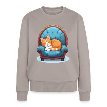 Katze schläft zusammengerollt auf dem Sessel - Frauen Premium Bio Pullover - Taupe - Vorne - Julia (174cm)